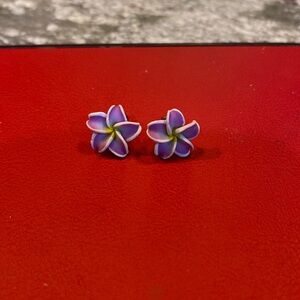Purple Flower Stud Earrings | Floral Plumeria Style | Silver Tone Posts